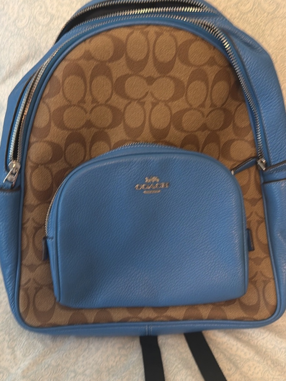 Coach Women's Signature Canvas Backpack with Blue Leather Trim